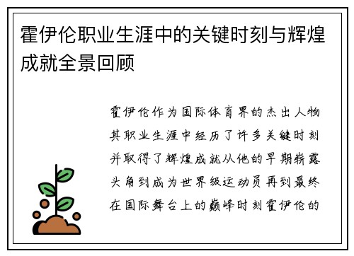 霍伊伦职业生涯中的关键时刻与辉煌成就全景回顾