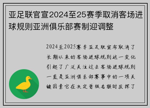 亚足联官宣2024至25赛季取消客场进球规则亚洲俱乐部赛制迎调整